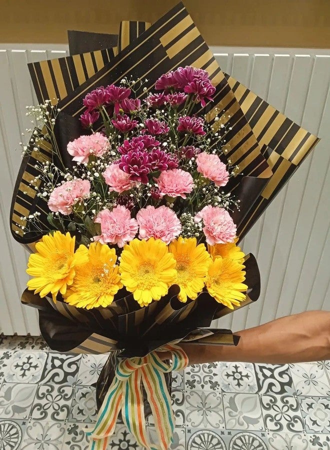 اويسيس أواسيس - 20 ورقة تغليف باقات زهور فاخرة مقاومة للماء على الطراز الكوري (58 سم × 58 سم، 60 ميكرون) | تصميم مفاتيح البيانو، ورق تغليف هدايا للزهور وورق تغليف هدايا يمكنك صنعه بنفسك لعيد الحب - أسود - Image 4